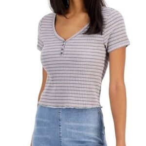 Hippie Rose  Women's Size S Ribbed Knit Henley Cropped Top  Short Sleeve